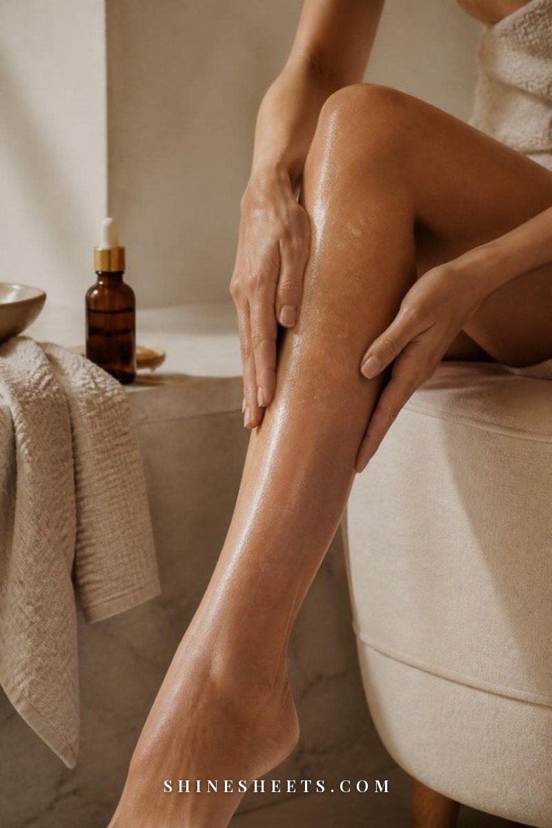 A woman's hands smoothing body oil onto her damp lower leg, with a cream towel and a small glass bottle beside her