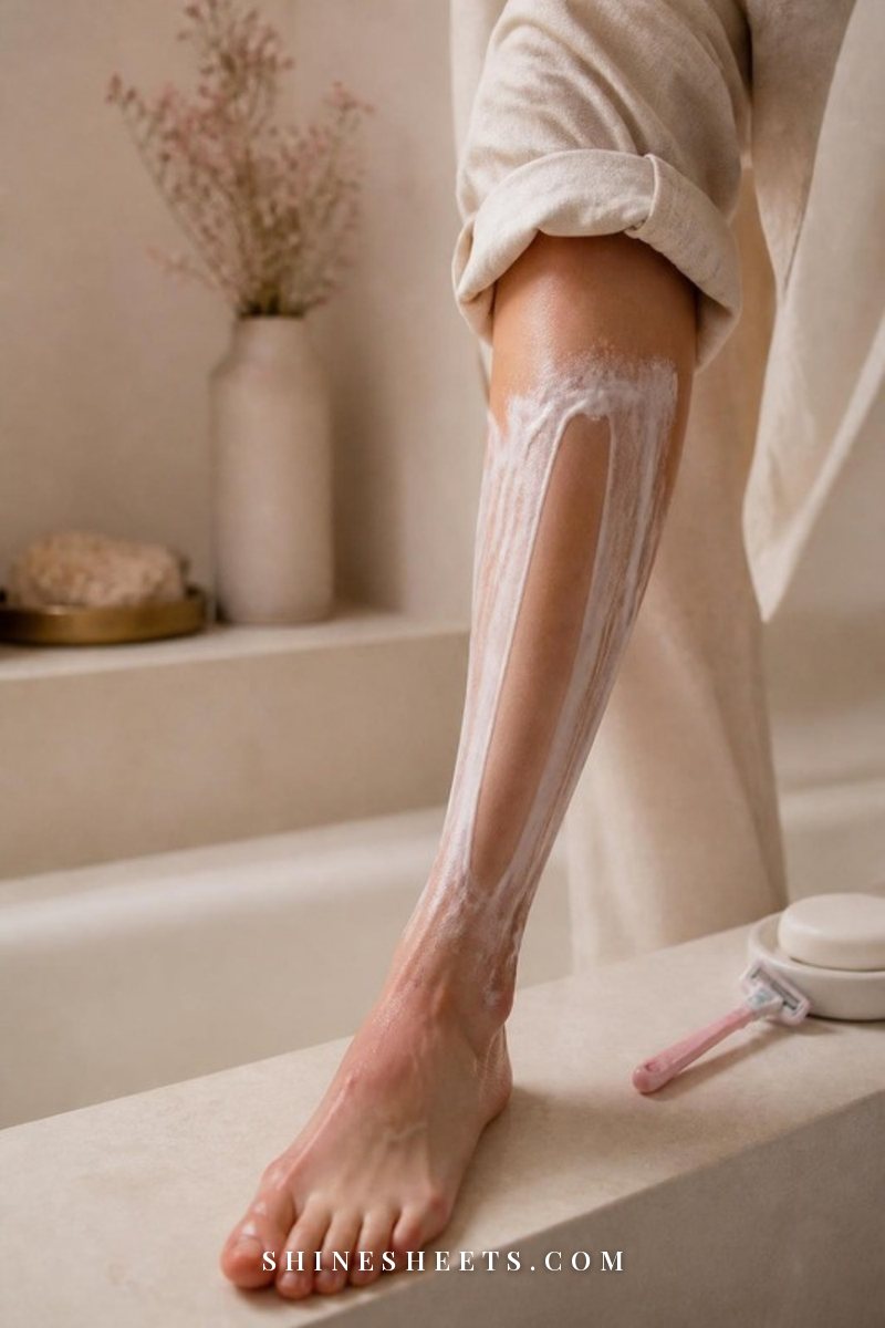 A woman's leg resting on the edge of a cream bathtub, covered in white shaving foam with a pink razor nearby
