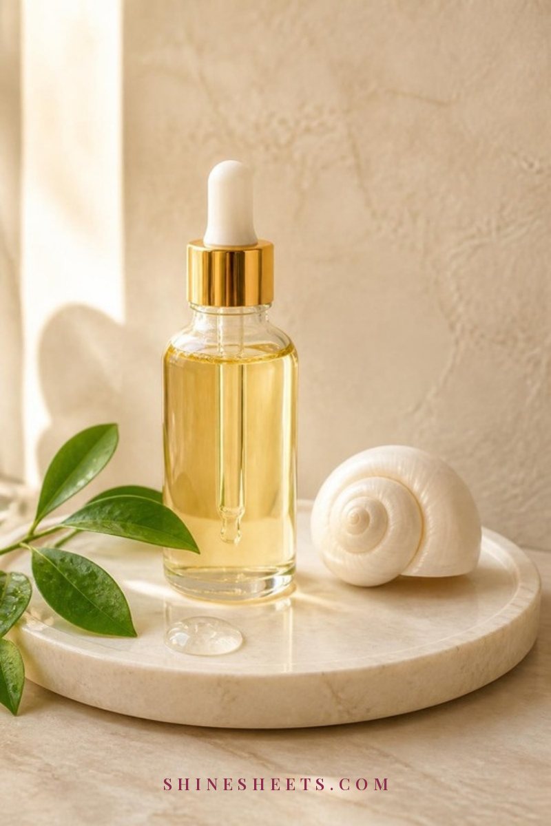 A clear glass dropper bottle of golden translucent essence on a cream marble tray with a pearl-white snail shell and soft green leaves