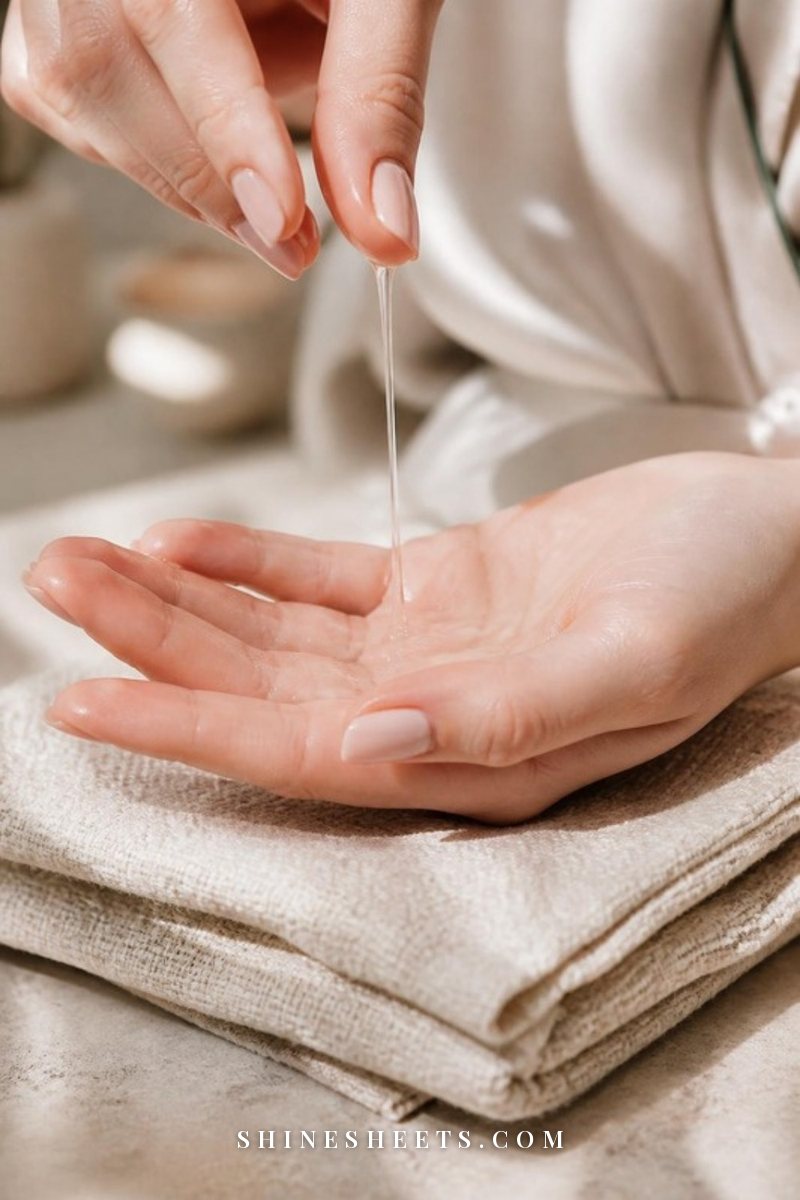 Close-up of a woman's open palm holding a small pool of clear, glossy essence above a cream linen towel