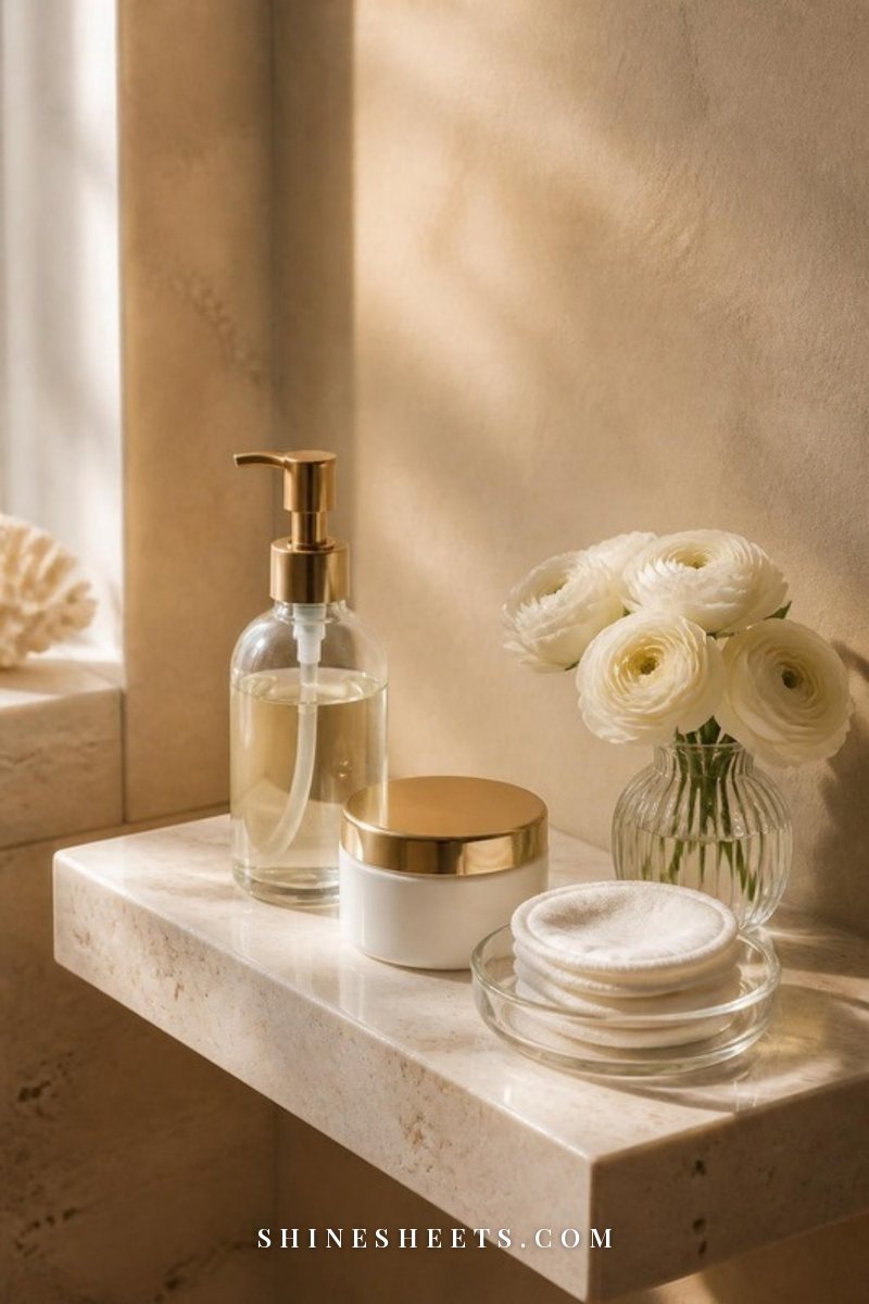 Cream bathroom shelf with a glass essence bottle, a white cream jar and folded white cotton rounds in soft daylight