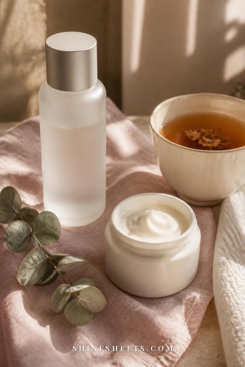 Minimal skincare still life of a glass essence bottle, a white ceramic cream jar and a sprig of eucalyptus on a blush linen cloth