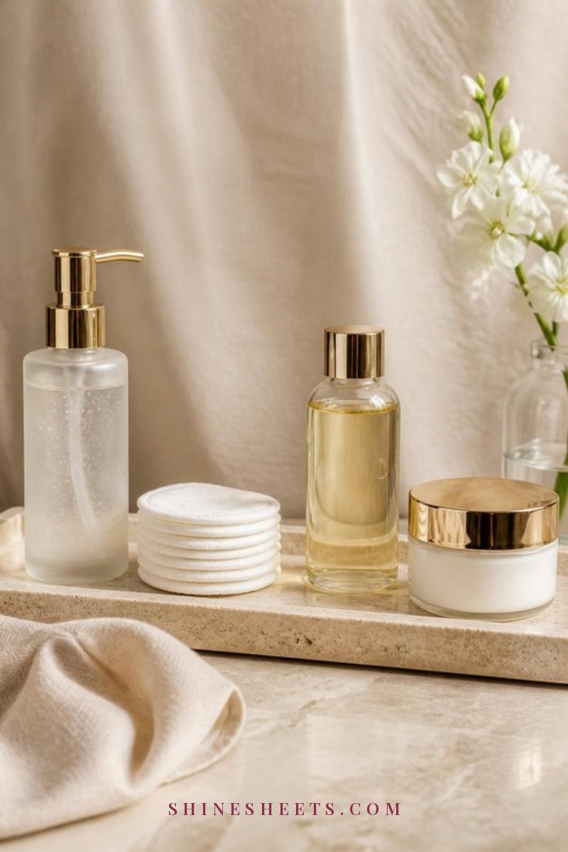 A row of skincare steps in order: a gel cleanser, white cotton rounds, a glass essence bottle and a cream jar on a beige vanity tray