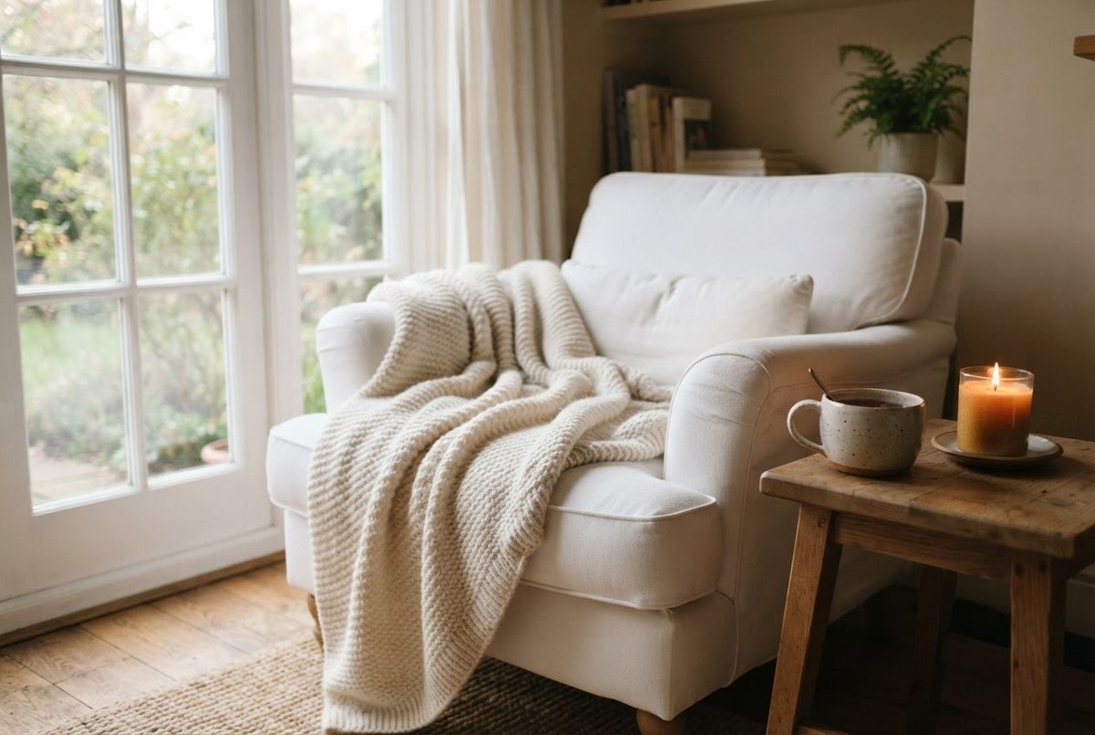 Cream knit throw draped over a white armchair beside a side table with a cup of herbal tea and a lit glass candle in soft afternoon light