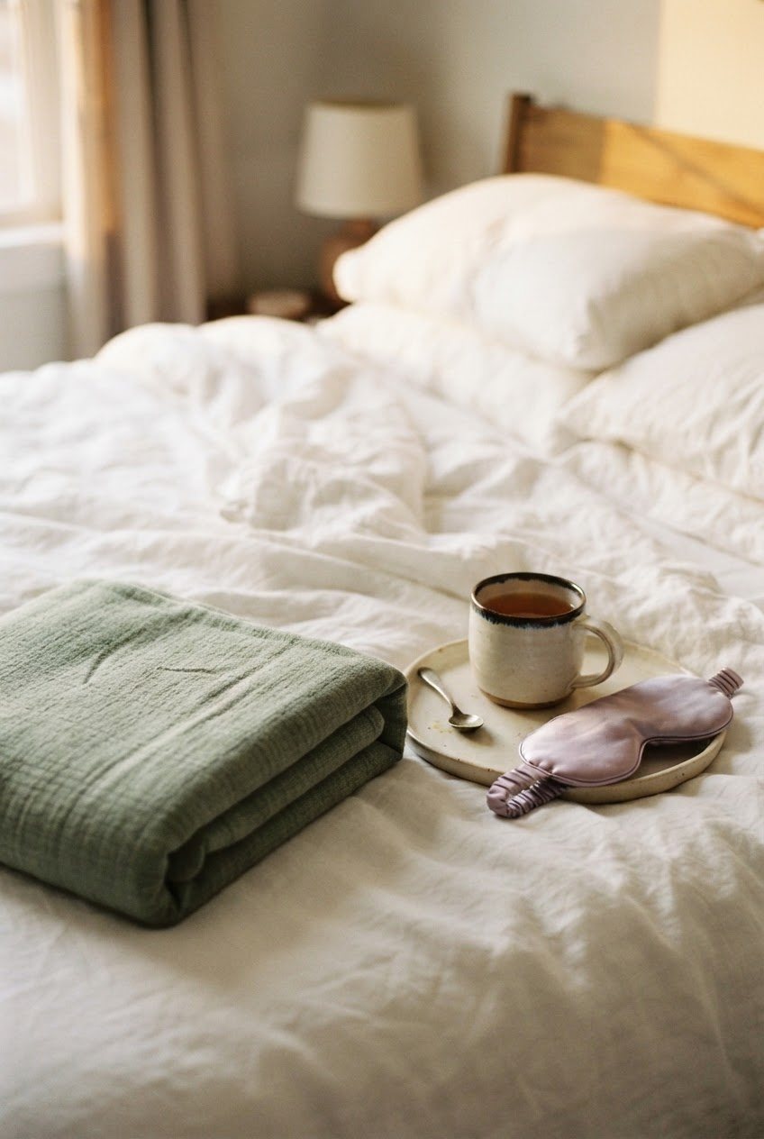 Sage weighted blanket folded on a white bed with a lavender silk eye mask and a cup of herbal tea on a cream tray in warm evening light