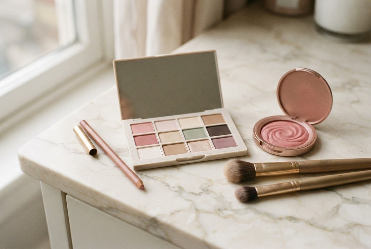 Neutral eyeshadow palette, rose powder blush, makeup brushes and a nude lip liner on a cream marble vanity in soft daylight
