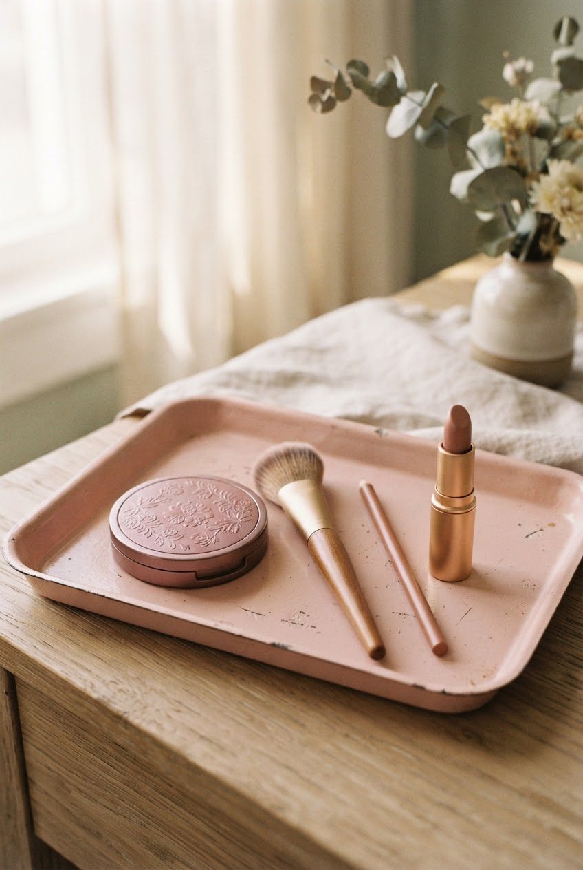Rose powder blush compact, angled blush brush, nude lip liner and a lipstick on a blush pink tray