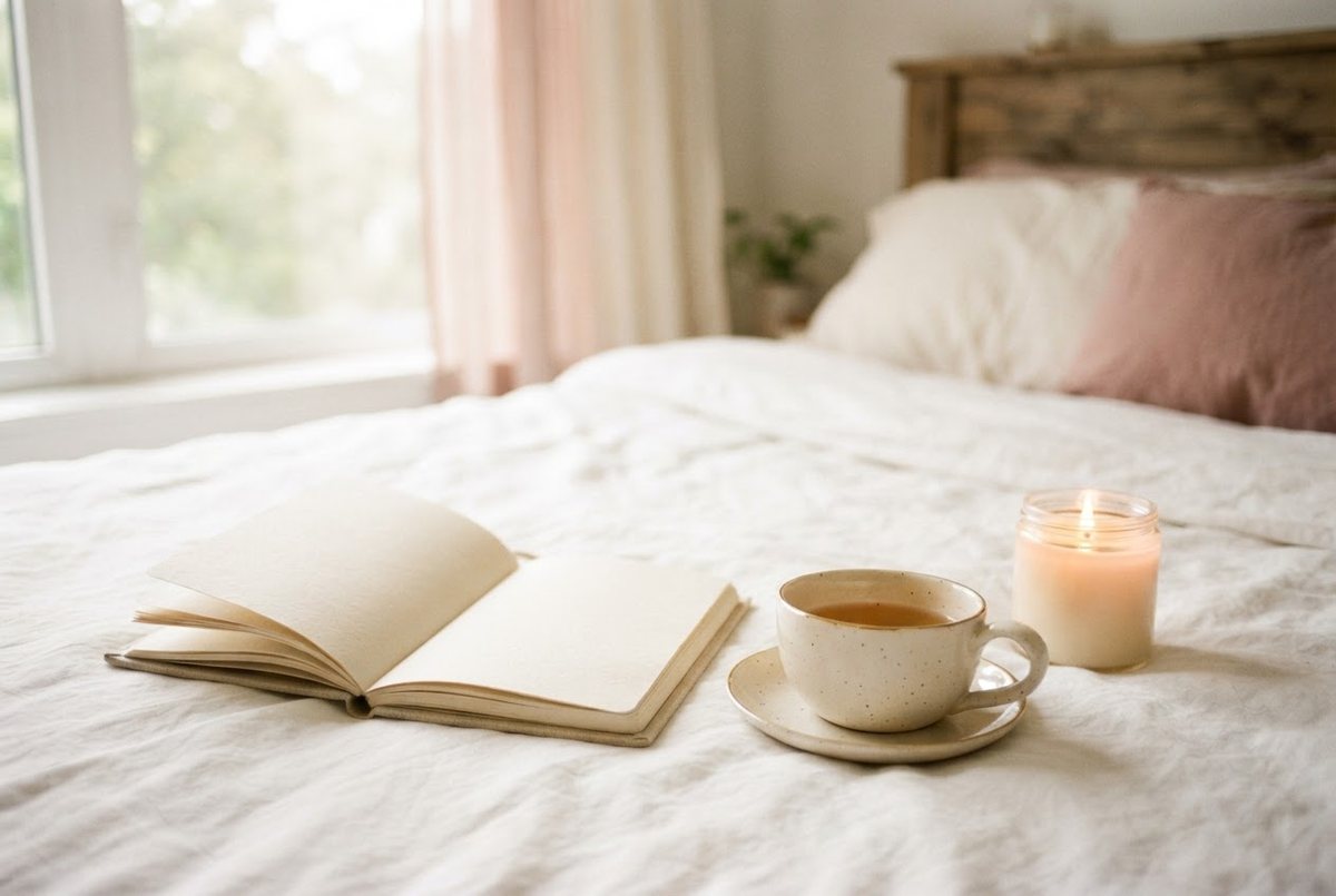 Cream ceramic teacup, a lit glass candle and an open linen notebook on a white bed with soft morning light