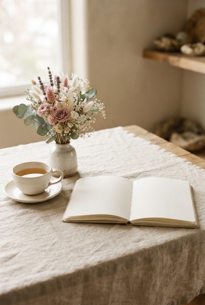 Open weekly planner, a cream teacup and a small vase of dried flowers on a beige linen tablecloth in afternoon light