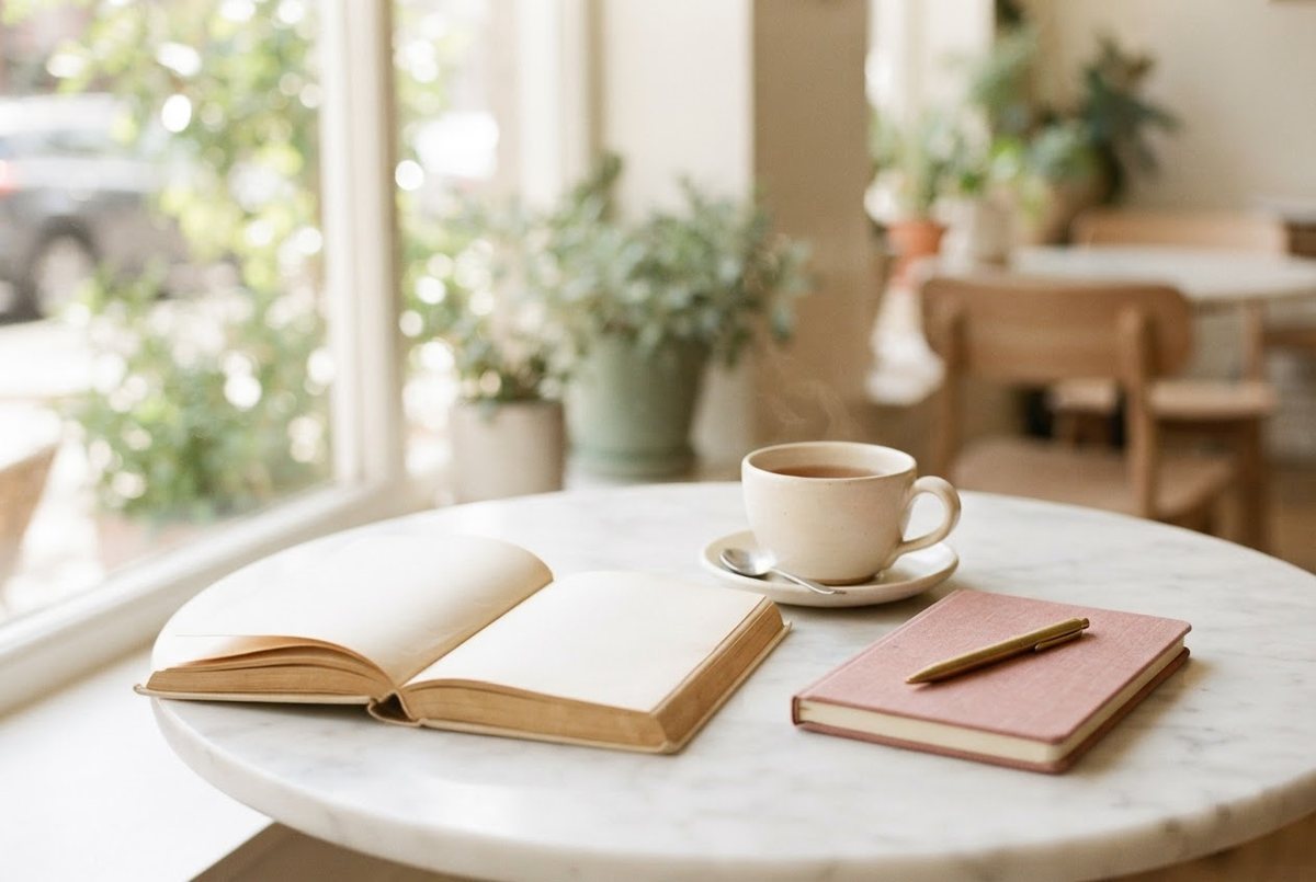 Open book, a cup of tea and a small cream notebook on a marble café table by a sunny window