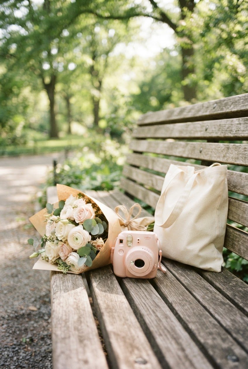 Pastel instant camera, a bunch of blush flowers and a cream canvas tote on a wooden park bench in soft light