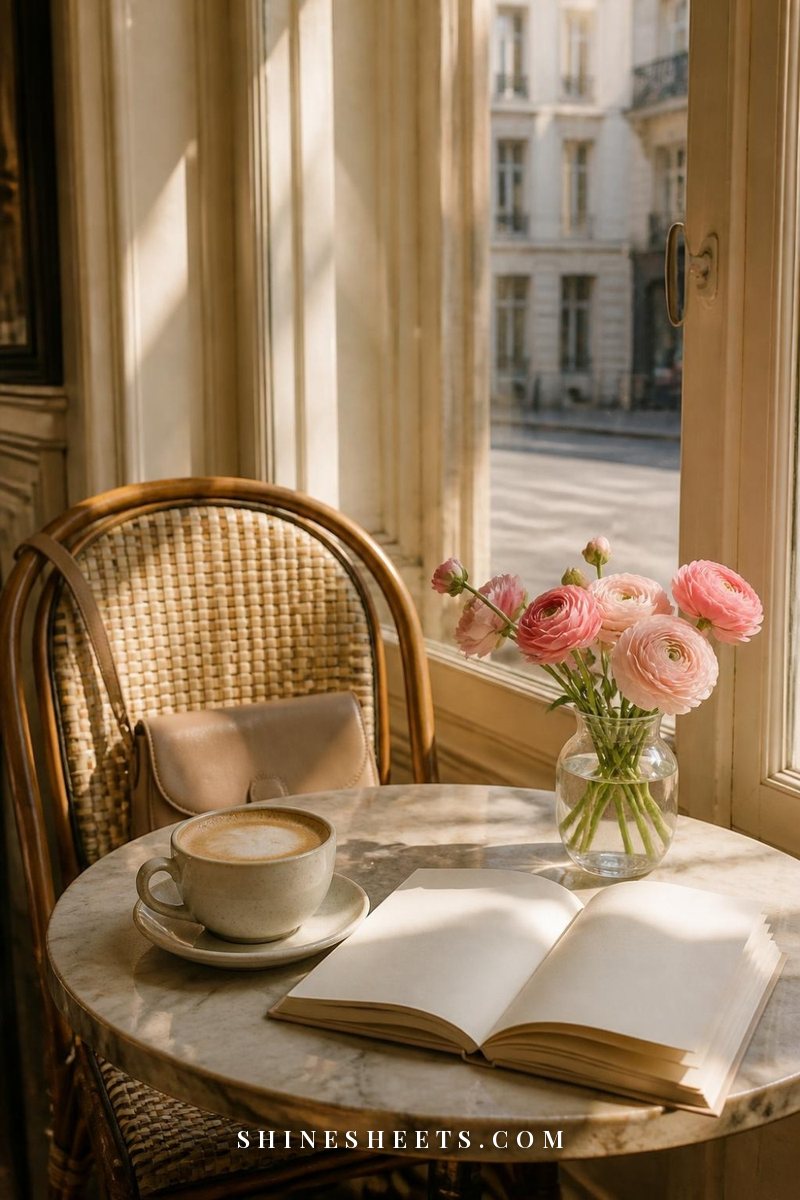 Café table for one with a cup of coffee, an open book and a small vase of flowers by a sunny window