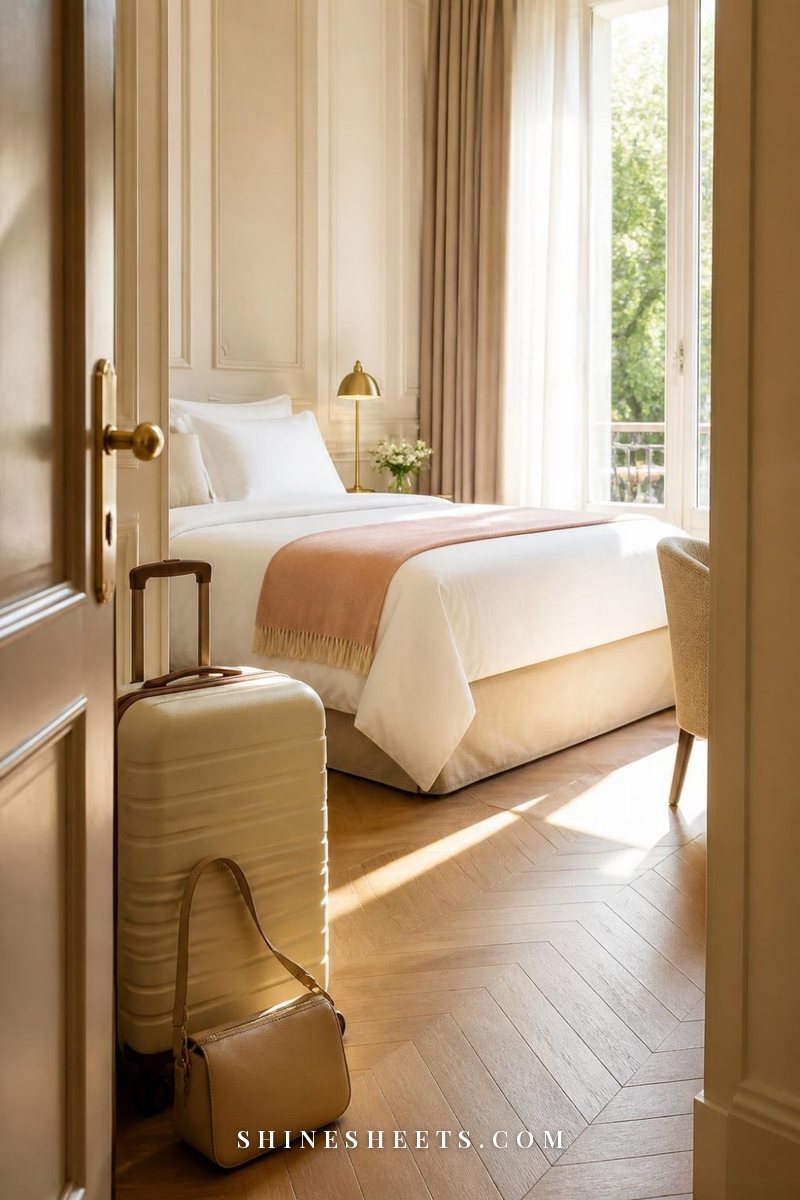 Cream suitcase and a beige crossbody bag at the doorway of a sunlit boutique hotel room with white bedding