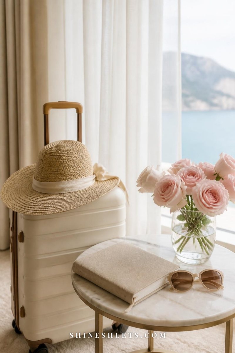 Cream suitcase, a straw hat and a linen travel journal by a sunny window with sheer white curtains