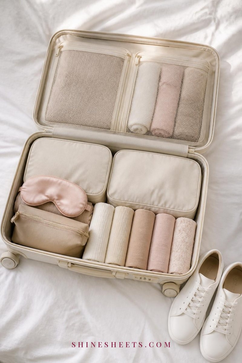 Open cream carry-on suitcase with beige packing cubes, rolled neutral clothes and a silk sleep mask on a white bed