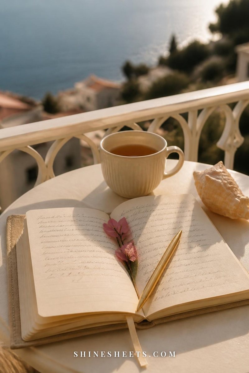 Open linen travel journal with a gold pen, a cup of tea and a seashell on a sunny balcony table