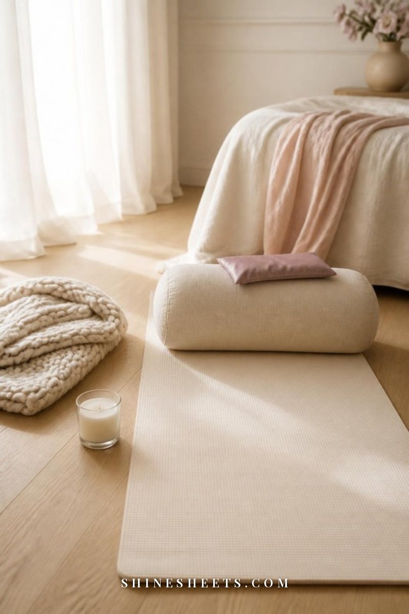 Cream yoga mat with a beige bolster pillow, a lavender eye pillow and a folded knit blanket on a pale wood floor