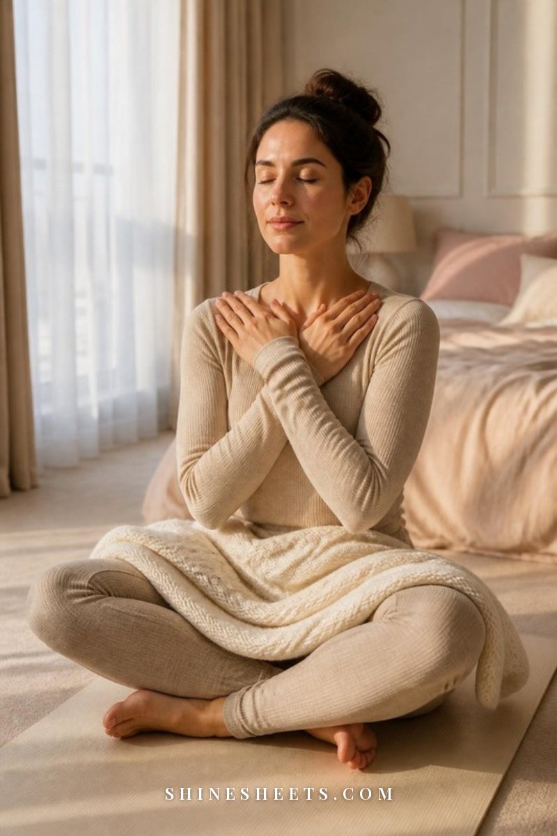 Woman in beige activewear sitting cross-legged on a mat with her arms crossed over her chest and hands resting below her collarbones
