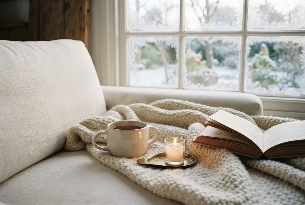 Cream mug of tea, a lit glass candle and an open book on a sofa with a knit blanket by a frosty window