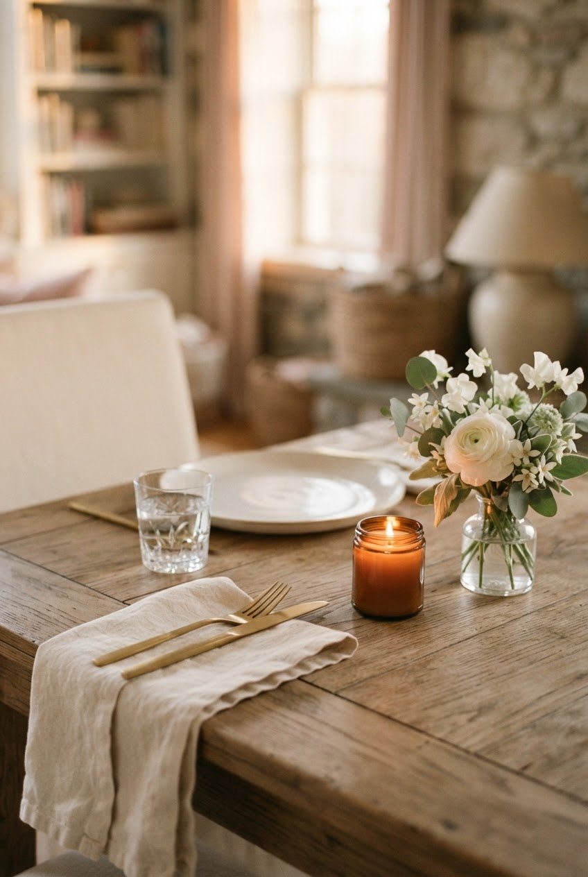 Table set for one with a cream linen napkin, gold cutlery, a lit glass candle and a small vase of white flowers