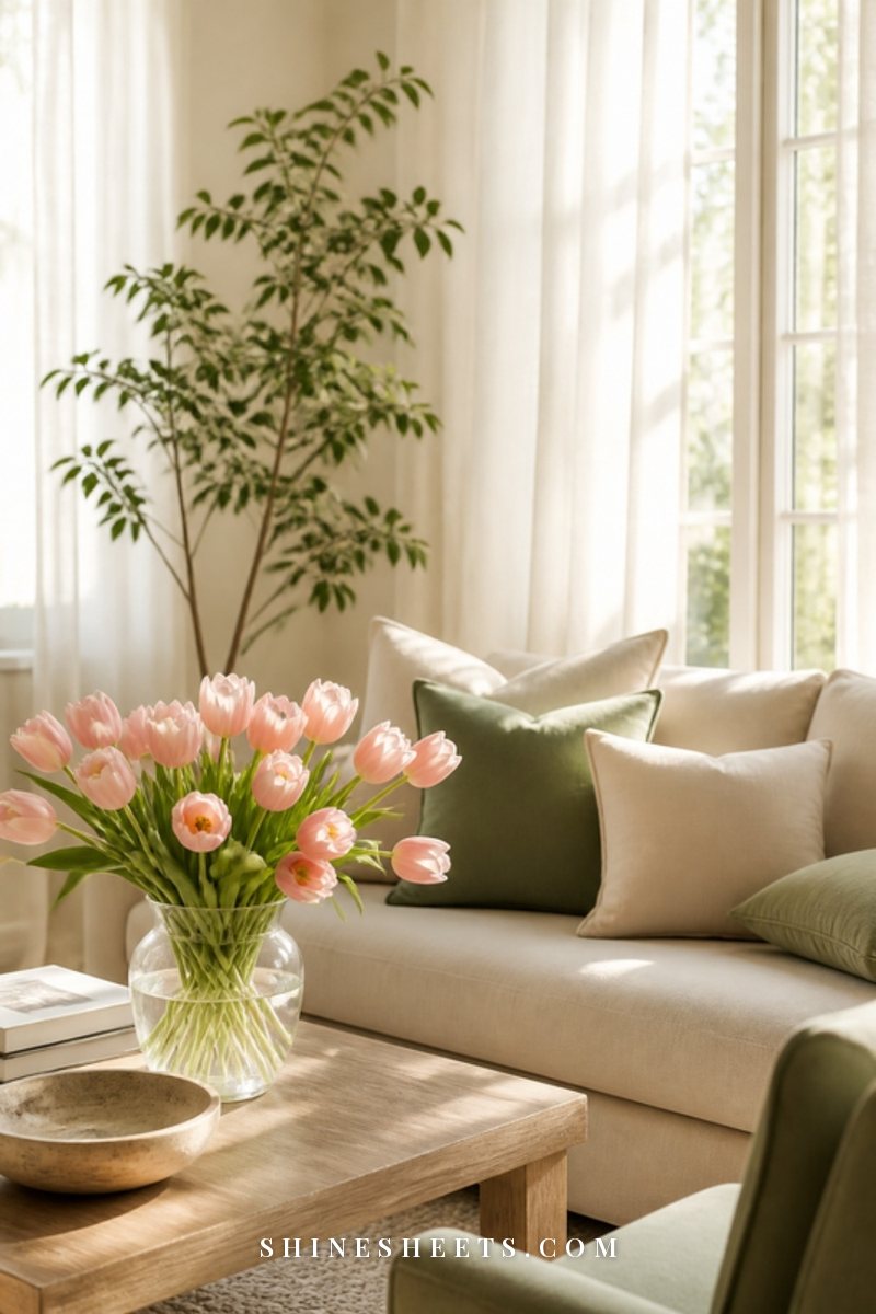 Bright living room with white sheer curtains, a linen sofa, sage pillows and a vase of pink tulips in spring sunlight