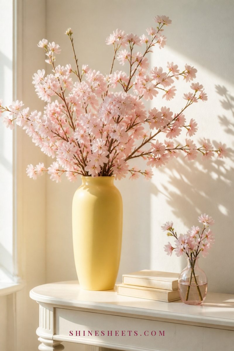 Tall pastel yellow ceramic vase filled with pink cherry blossom branches on a white console in spring light