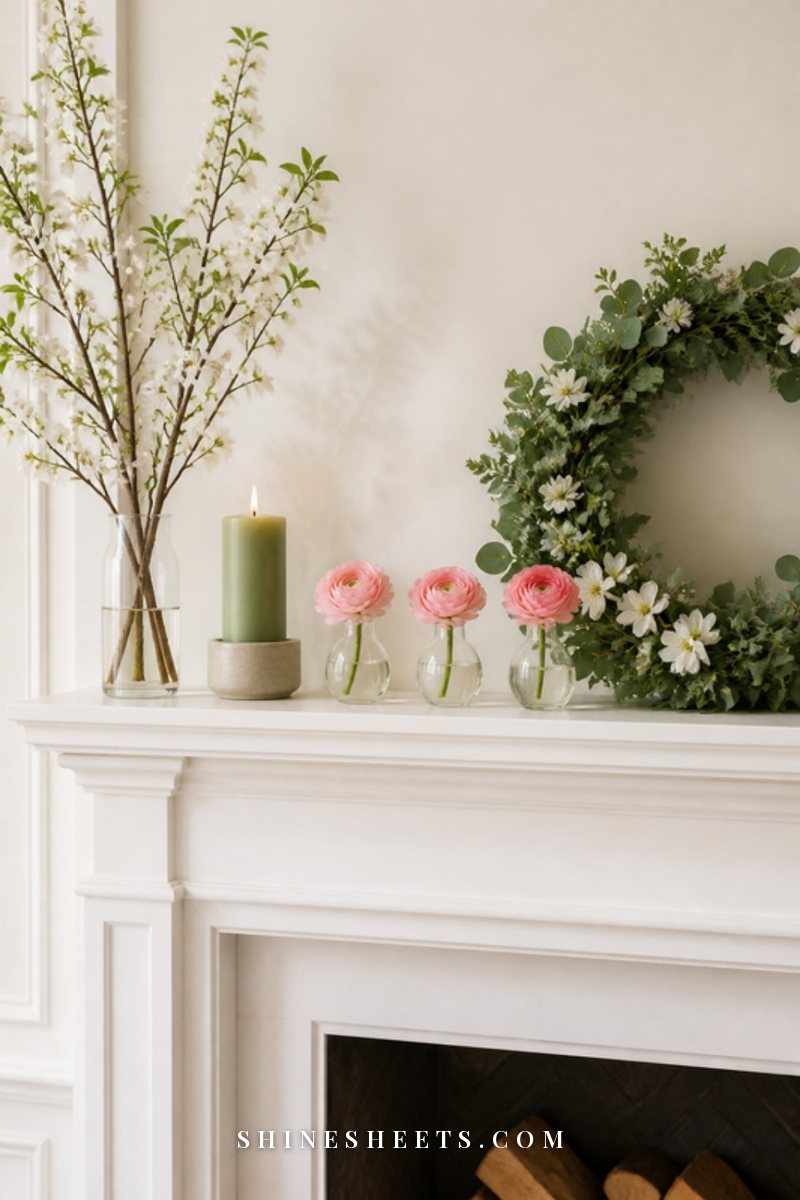 White spring mantel with glass bud vases of pink ranunculus, a sage candle and a round greenery wreath