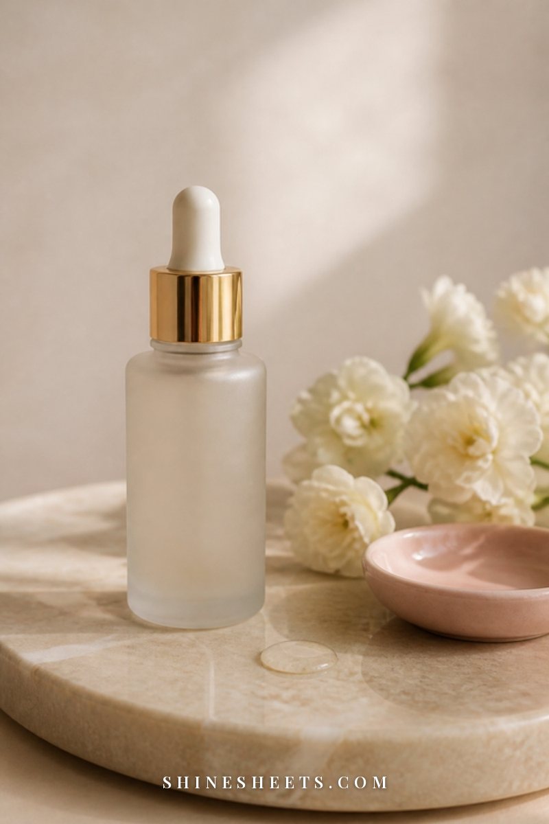 Calm white bathroom vanity with a cream towel, a glass dropper bottle and a small vase of blush roses in soft daylight