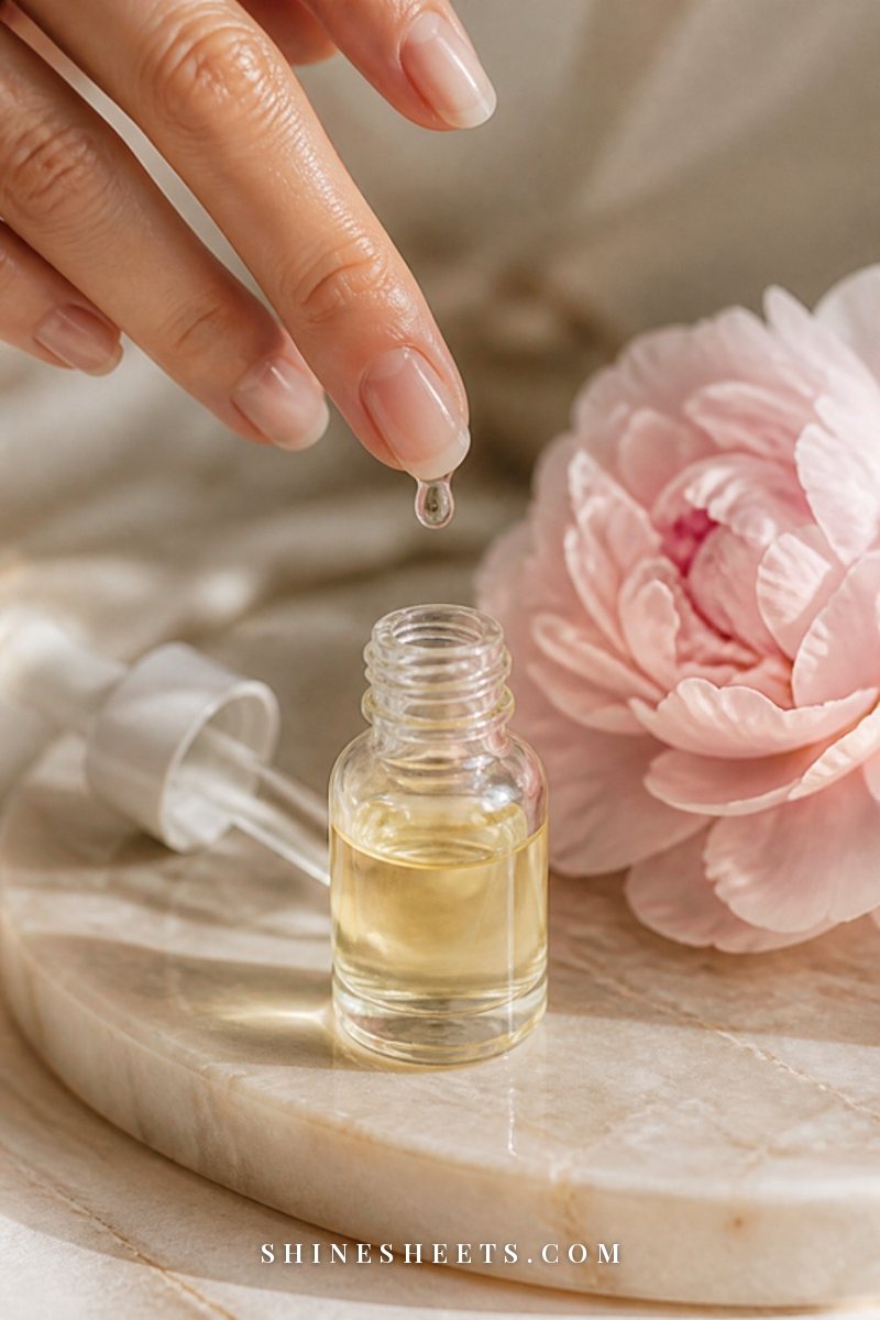 Close-up of a single drop of clear oil on a fingertip above a cream marble tray with a blush peony