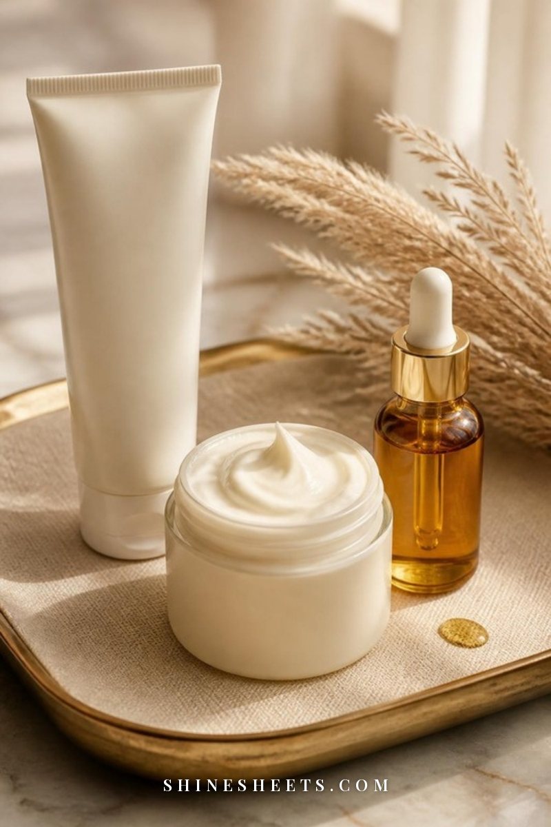Open white jar of face cream with a small swirl of cream and a glass dropper resting beside it on a beige marble countertop