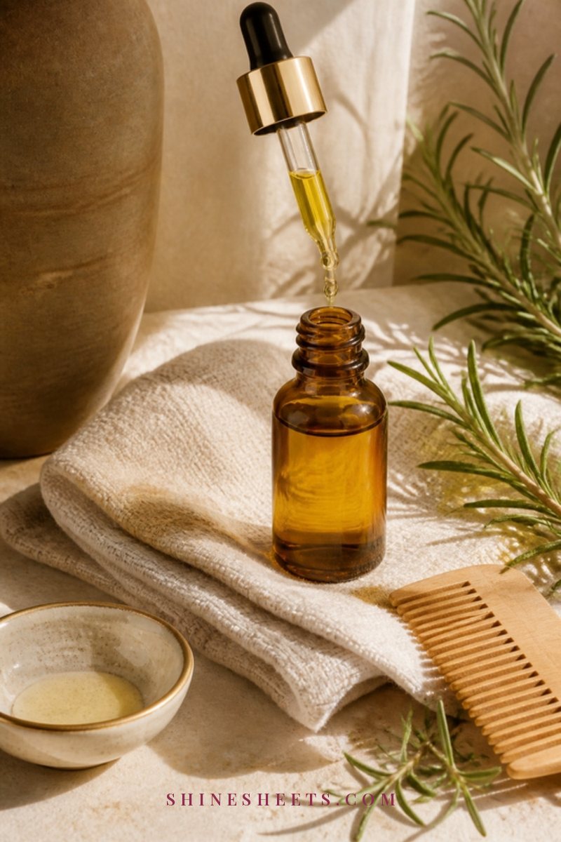 Small amber glass dropper bottle of clear squalane oil on a cream linen cloth with a white ceramic dish and soft morning light