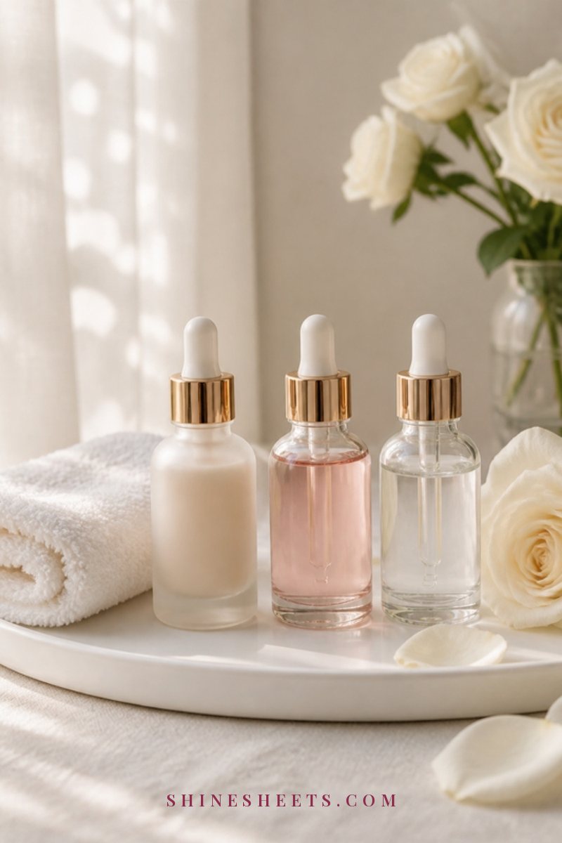Three small glass dropper bottles in cream, blush and clear glass arranged on a white tray with a soft cotton towel