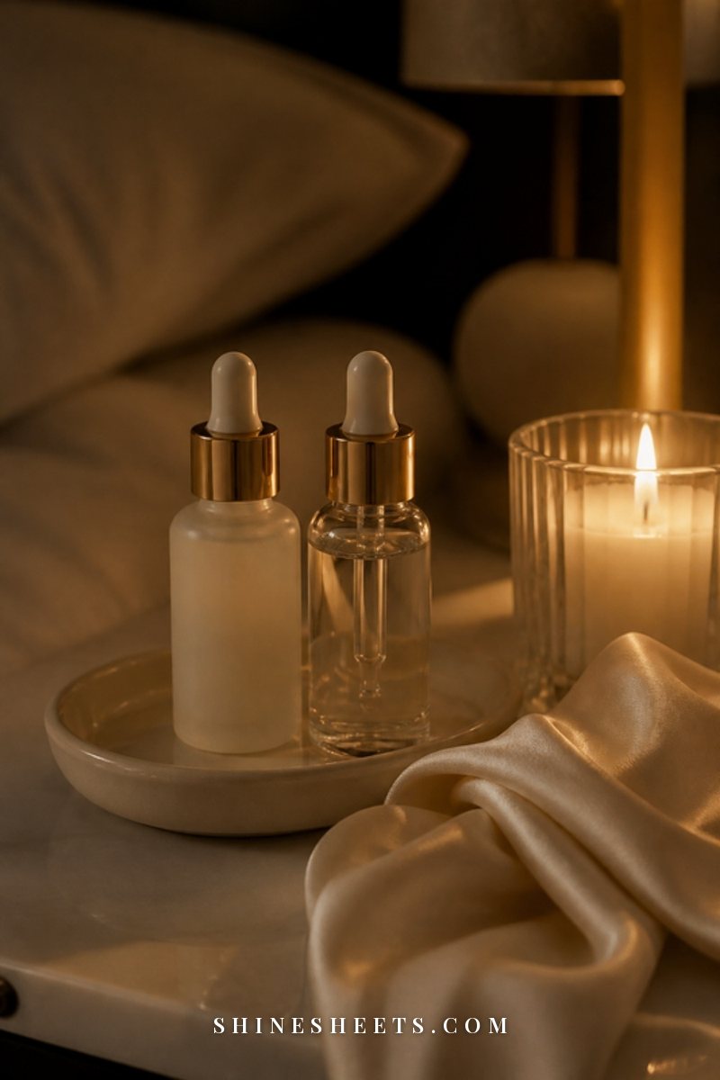 Two minimalist glass serum bottles, one frosted and one clear, on a cream bedside tray with a lit glass candle in the evening