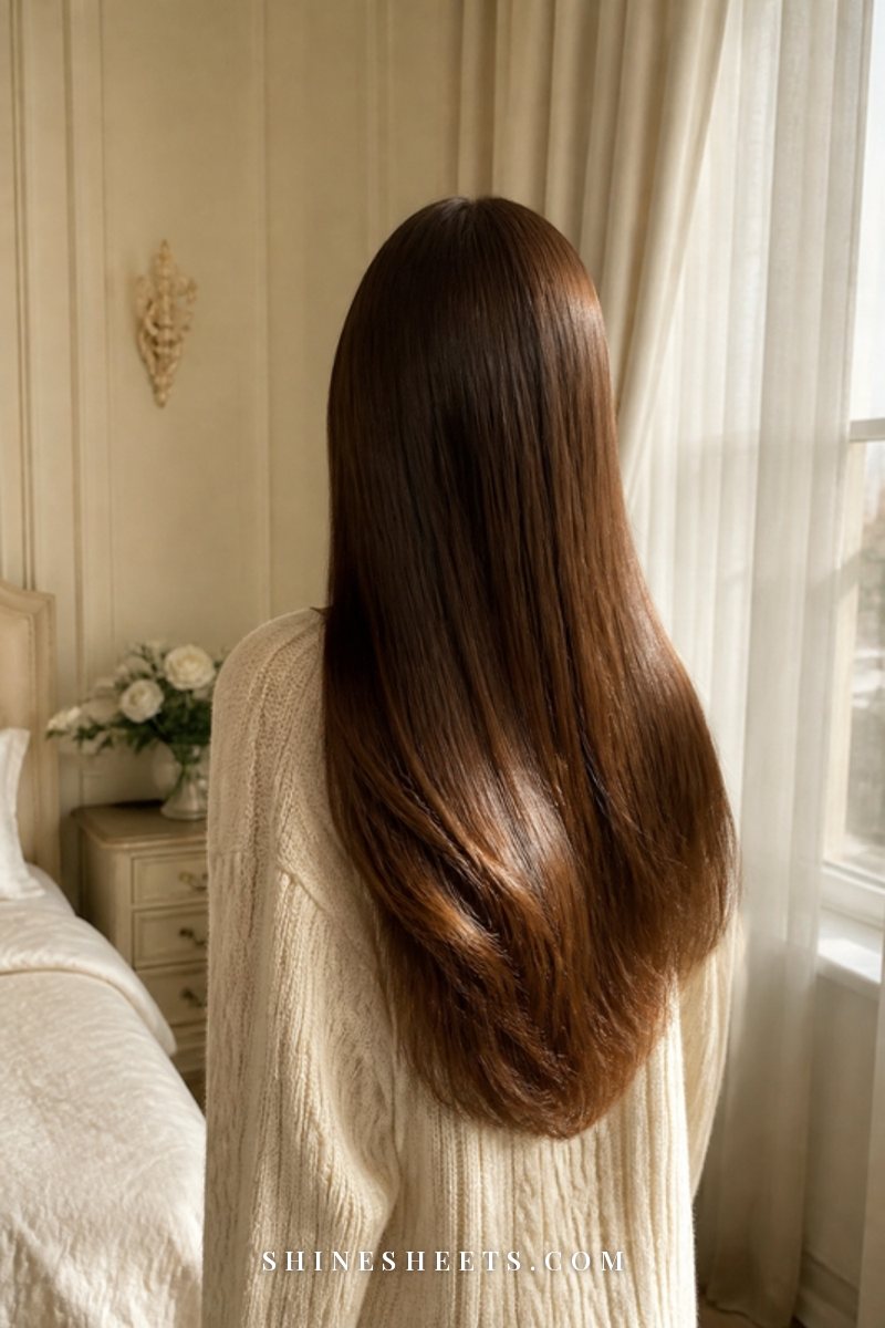 Woman seen from behind with long glossy brown hair in a cream knit sweater, soft window light in a calm bedroom
