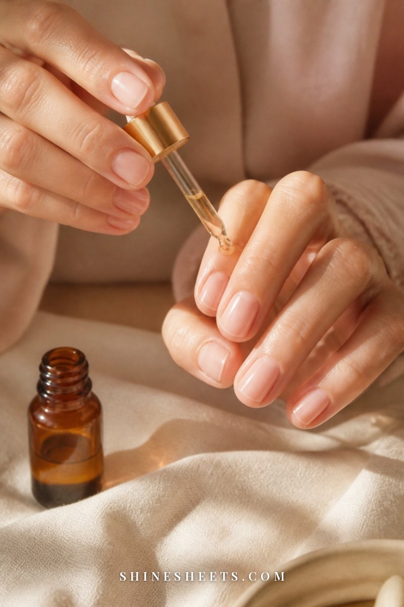 Close-up of a woman's hands with clean sheer pink nails and a glass dropper applying cuticle oil to one nail