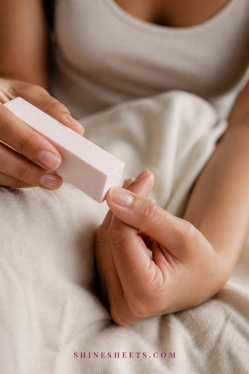 Close-up of a woman's hands with natural short nails gently using a soft pink nail buffer block on cream linen