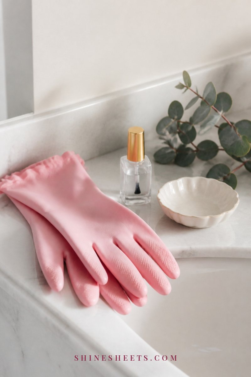 Pair of pastel pink rubber cleaning gloves folded beside an unlabeled clear base coat bottle on a white marble sink edge