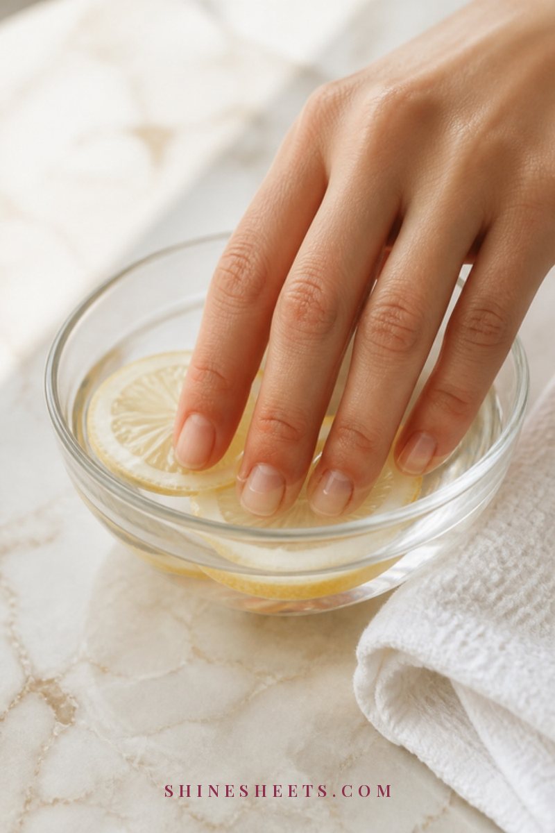 Woman's fingertips with clean natural nails soaking in a small clear glass bowl of water with two lemon slices