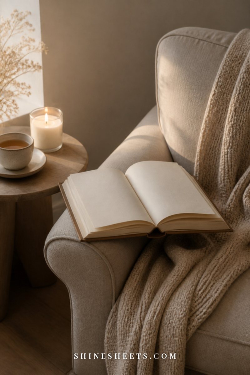 Open book with blank cream pages on a linen armchair beside a glass candle and a cup of tea in soft light