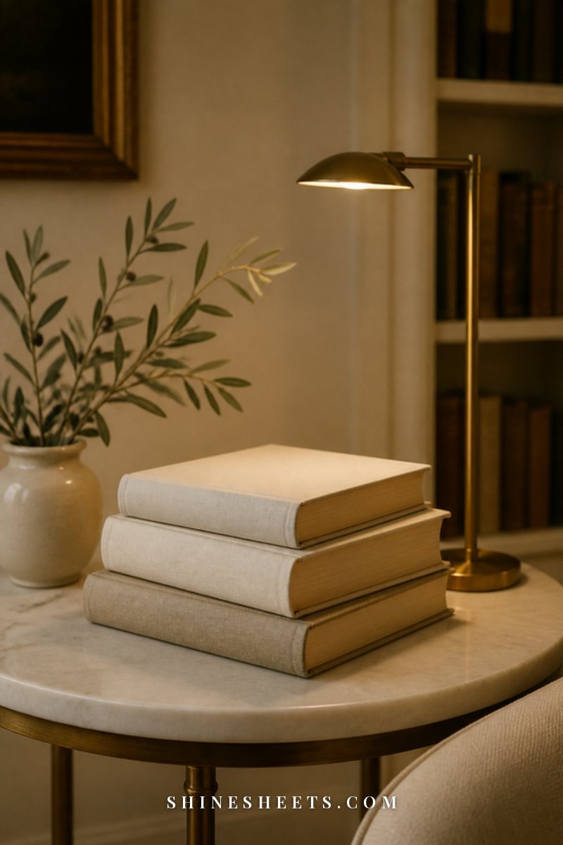 Three classic books with cream covers stacked on a marble side table beside a gold reading lamp