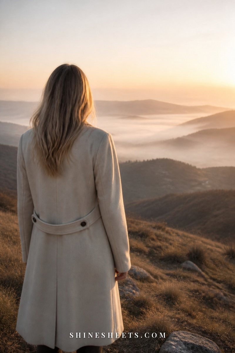 Woman seen from behind standing on a hilltop at sunrise overlooking a misty valley in soft golden light