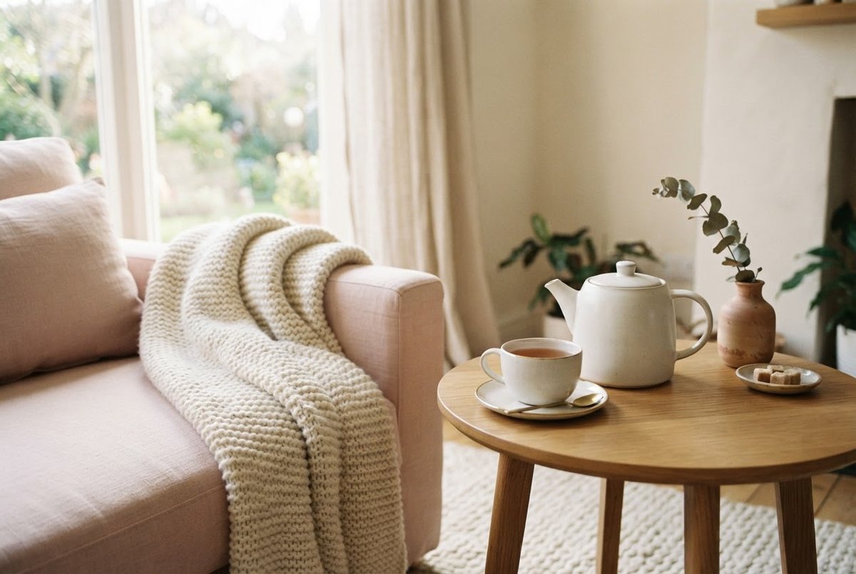 Cream knit blanket draped over the arm of a sofa beside a white ceramic teapot and a cup of tea on a side table in soft afternoon light