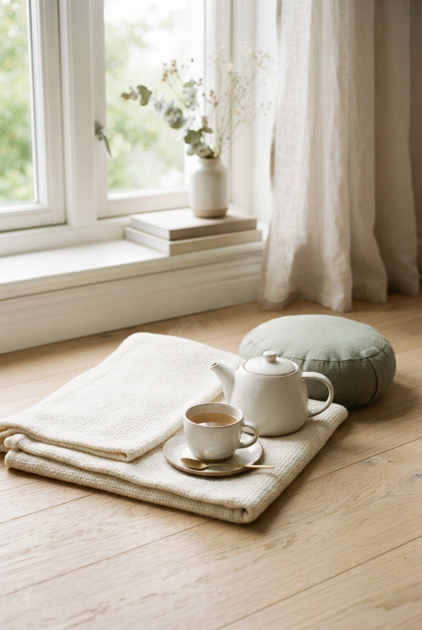 White ceramic teapot and cup, a folded cream throw and a small sage meditation cushion on a wooden floor beside a window