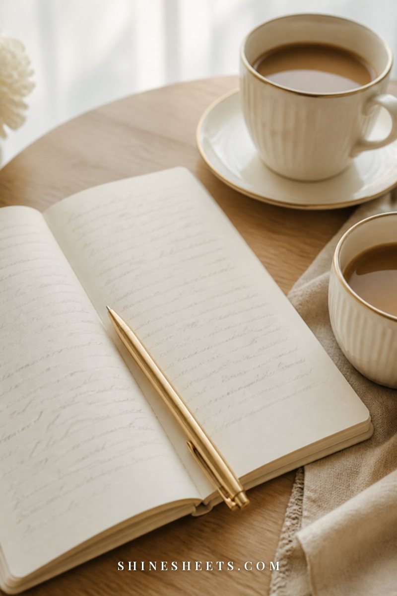 A cream notebook with blank pages, a gold pen and a cup of coffee on a white marble desk