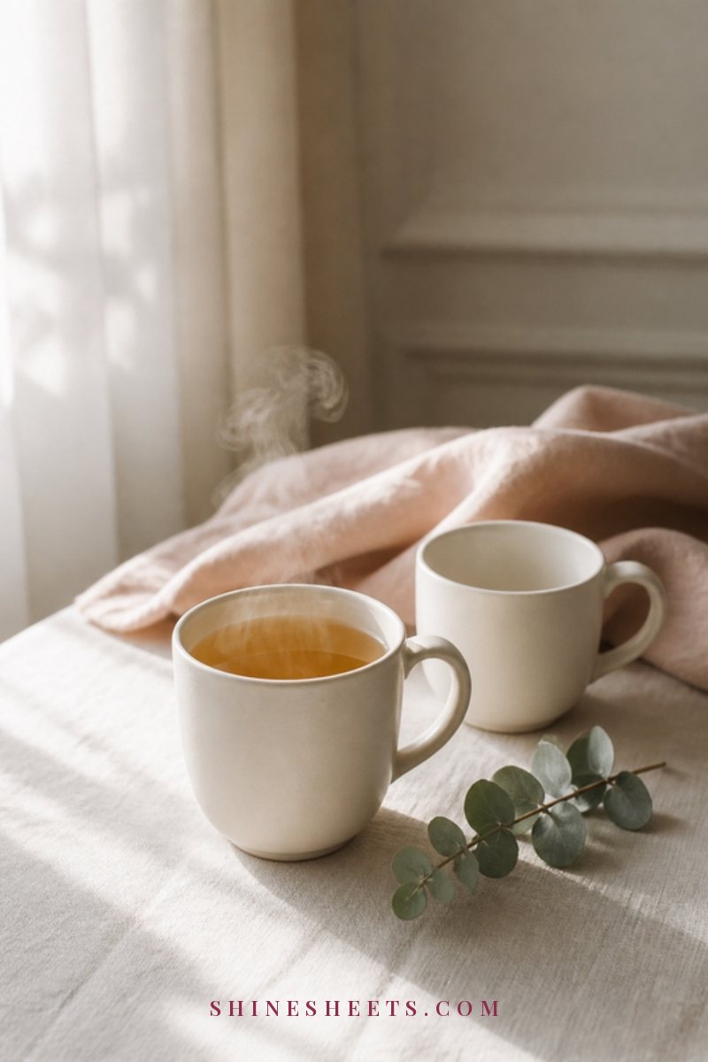 Two blush mugs of tea on a cream knit blanket with a plate of cookies and a lit glass candle