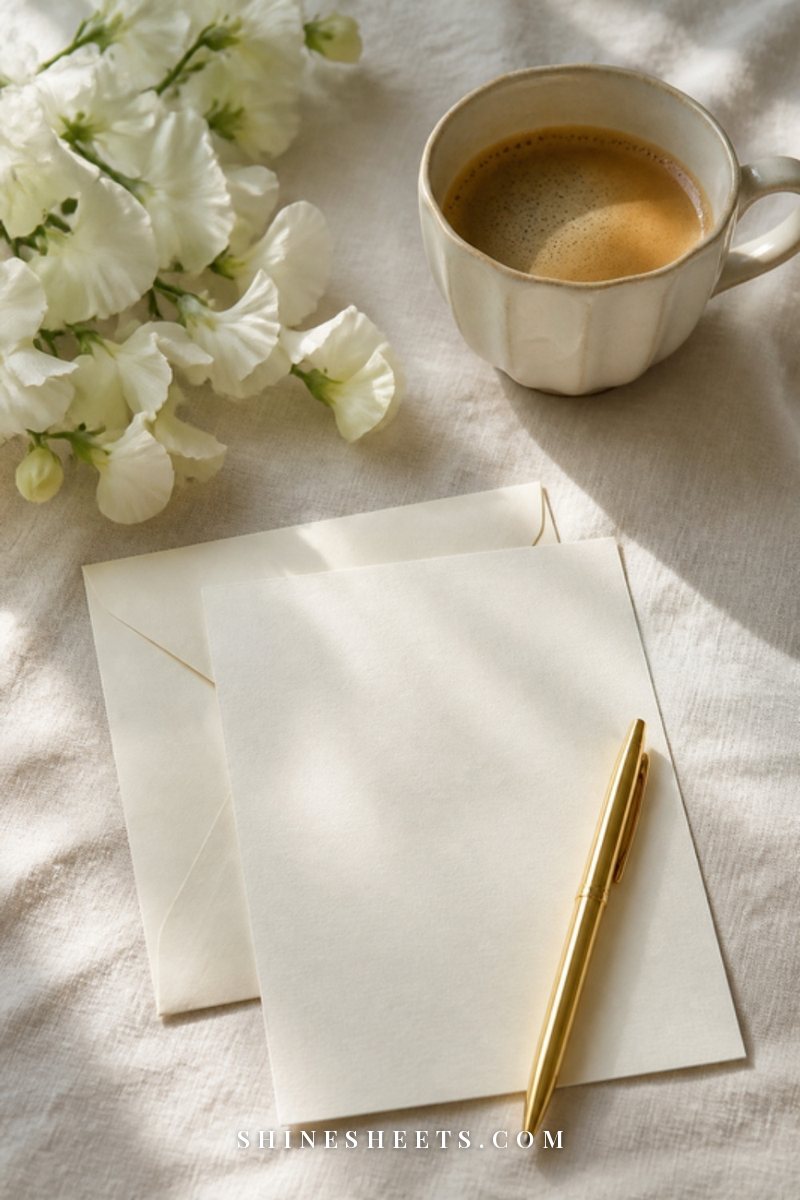 A blank cream notecard and envelope beside a cup of coffee and a small bouquet of white flowers on a linen tablecloth
