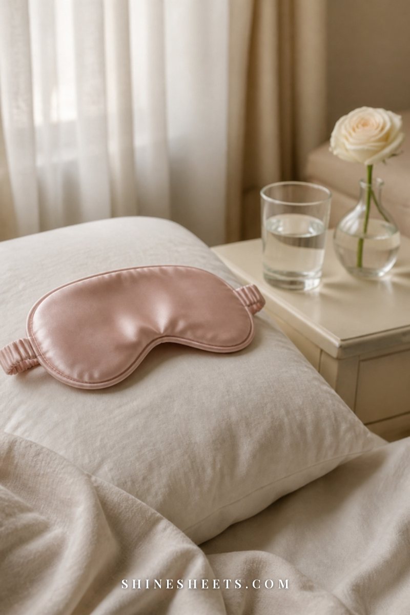 Cream satin sleep mask on a white pillow beside a cup of chamomile tea on a bedside table with a lit glass candle