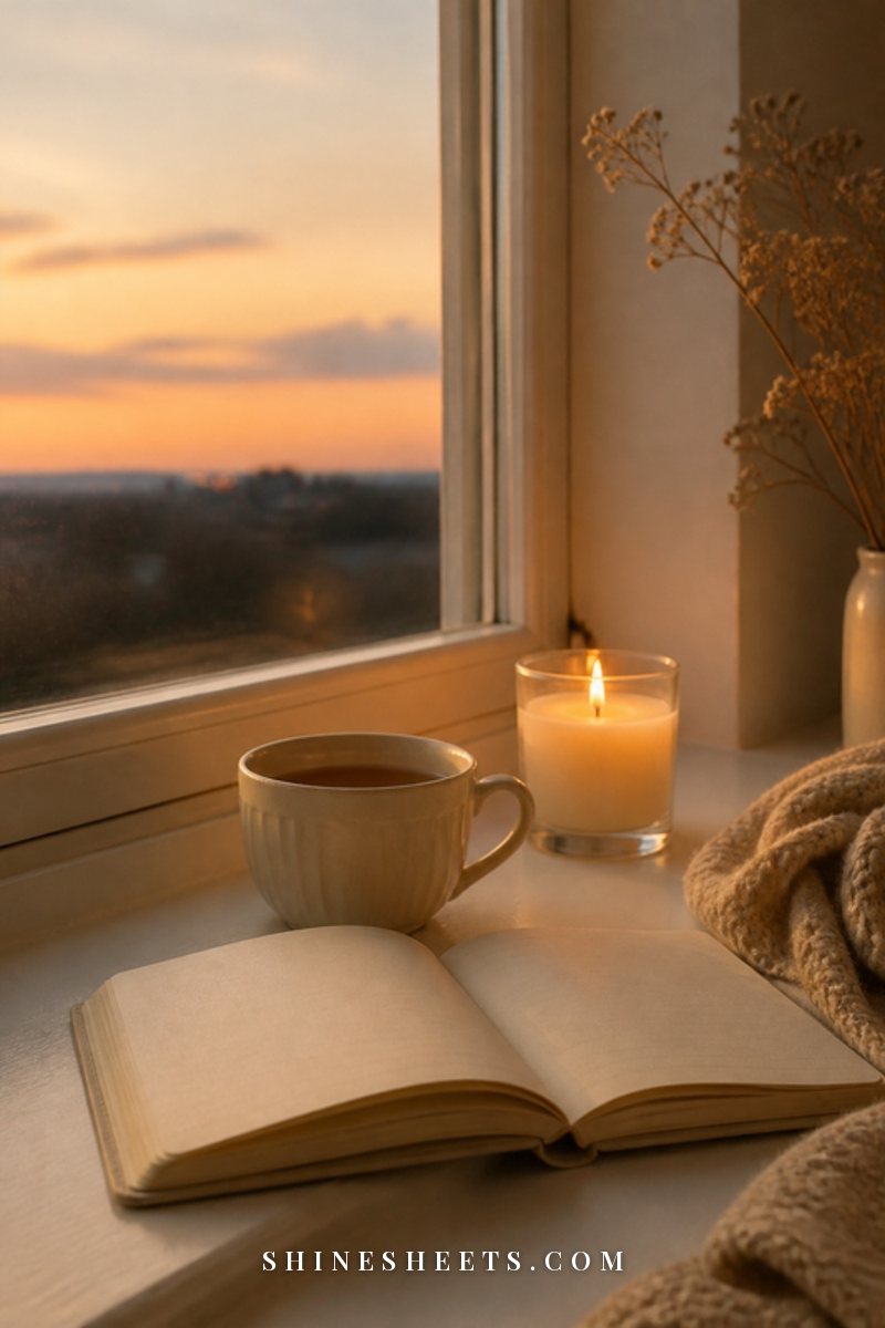 A cup of tea and an open cream journal on a windowsill beside a lit glass candle on a quiet evening