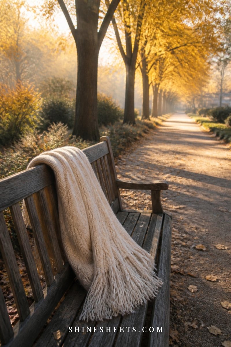A morning walking path lined with autumn trees in soft golden light, a cream scarf draped over a wooden bench