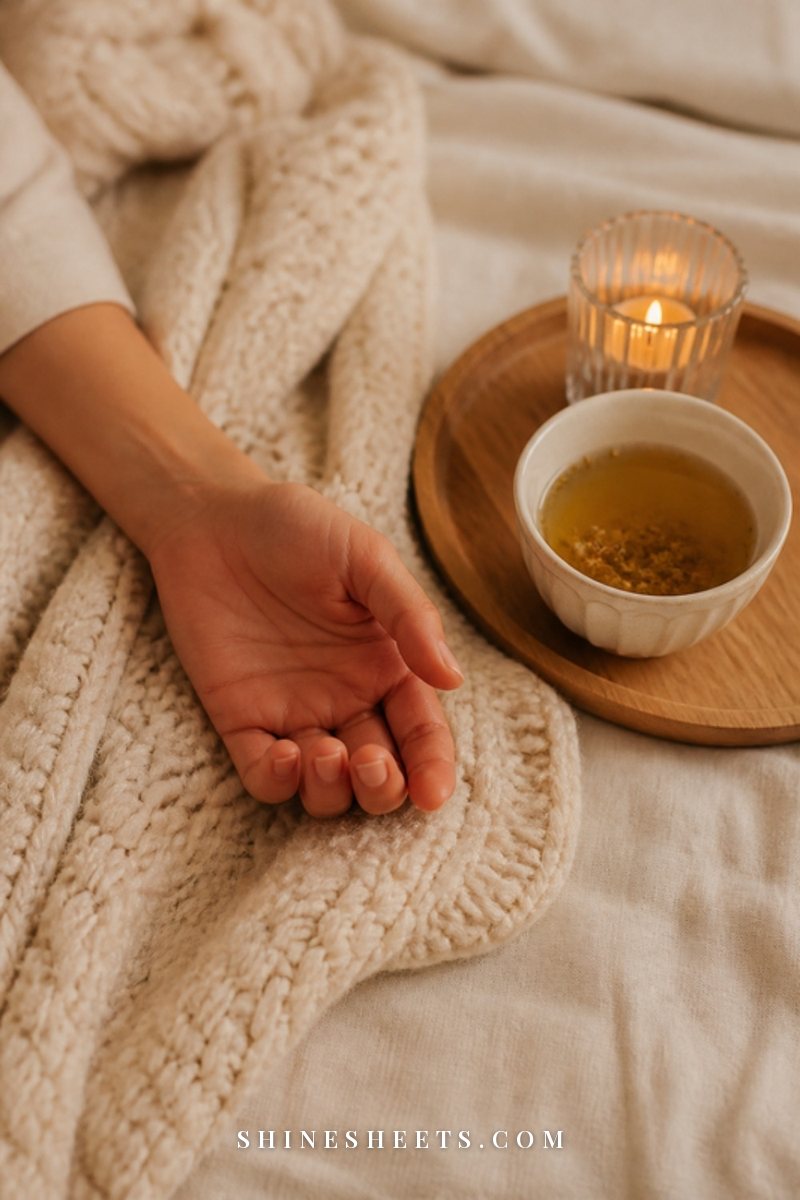 A woman's hand resting softly on a cream knit blanket beside a cup of chamomile tea in warm light